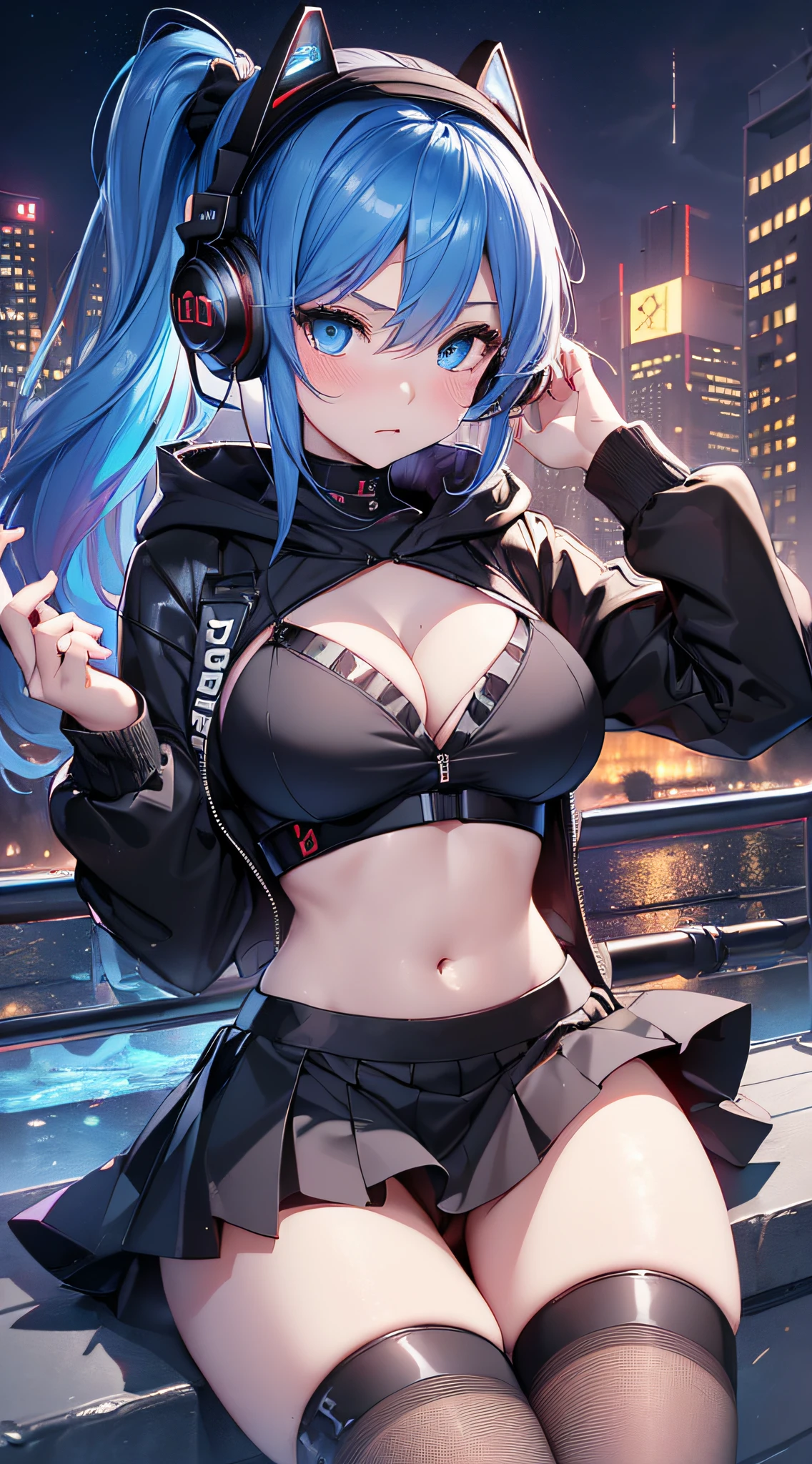 top-quality、Top image quality、masterpiece、girl with((18year old、Best Bust、big bast,Beautiful blue eyes、Breasts wide open, Blue ponytail、A slender、Large valleys、Reflecting the whole body、Red face、Shining eyes、Headphones on the head,Black hoodie、Black short skirt、head phone、Have a smartphone、Fly the drone、))hiquality、Beautiful Art、Background with((A city that shines at night)))、,masutepiece、visualart、depth of fields、