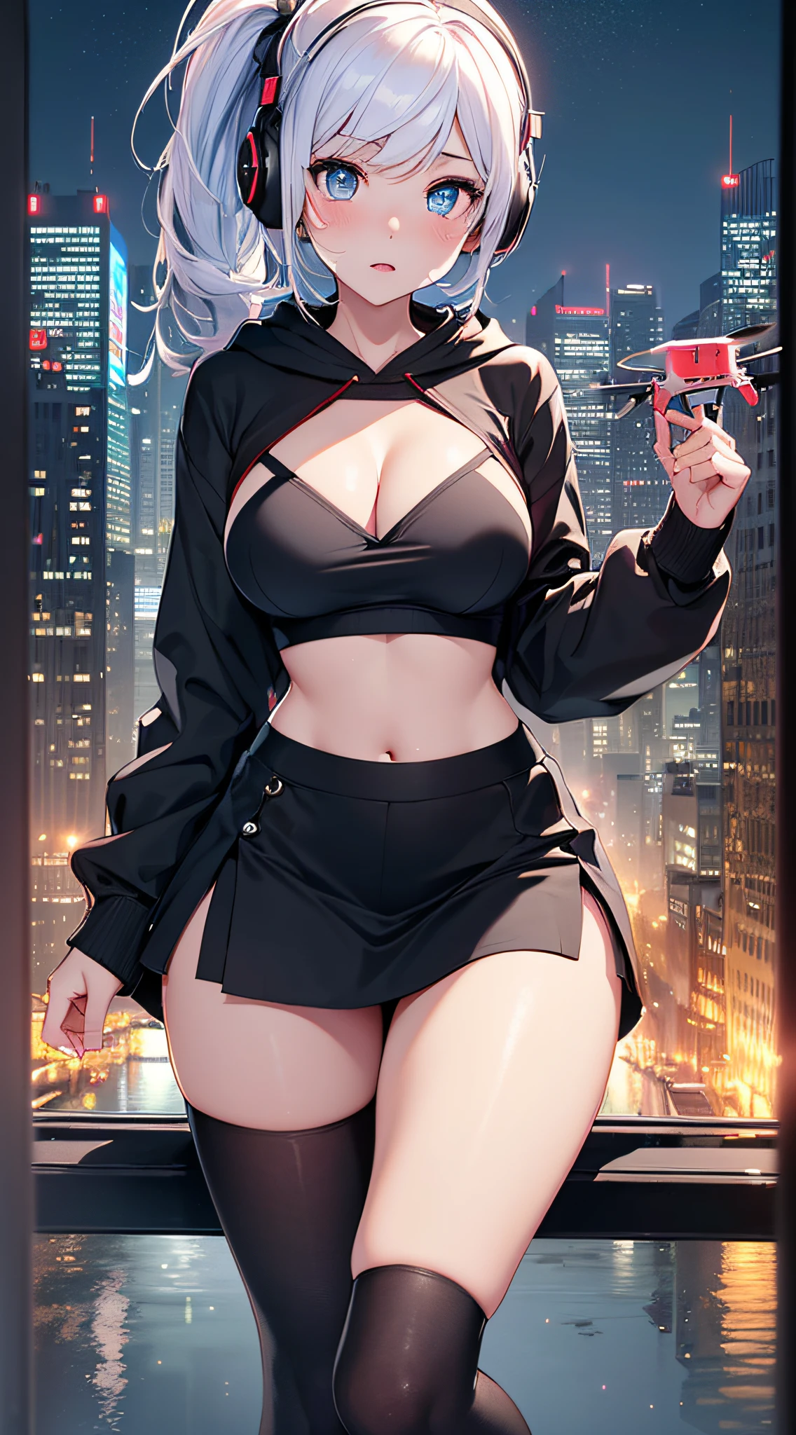 top-quality、Top image quality、masterpiece、girl with((18year old、Best Bust、big bast,Beautiful blue eyes、Breasts wide open, Blue ponytail、A slender、Large valleys、Reflecting the whole body、Red face、Shining eyes、Headphones on the head,Black hoodie、Black short skirt、head phone、Have a smartphone、Fly the drone、))hiquality、Beautiful Art、Background with((A city that shines at night)))、,masutepiece、visualart、depth of fields、