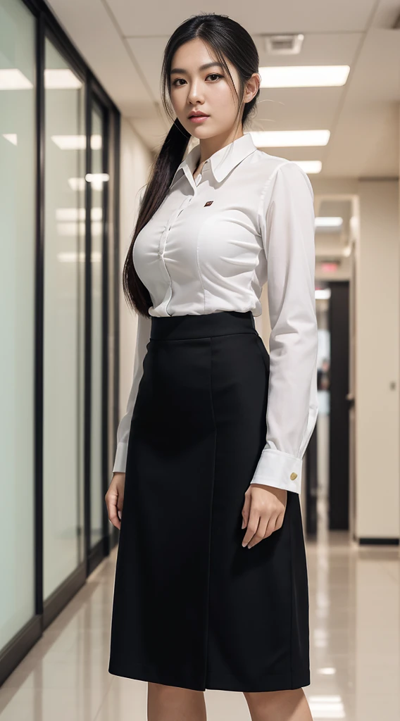 Best Quality, High quality,ultra-quality, 8K Portrait , insanely detailed face,A Japanese Lady,20 years old,new employee ,huge-breasted ,side poneyTail, Black Business Women's Suit Black Midi Skirt,Frontal to foot shot, IT Office Corridor