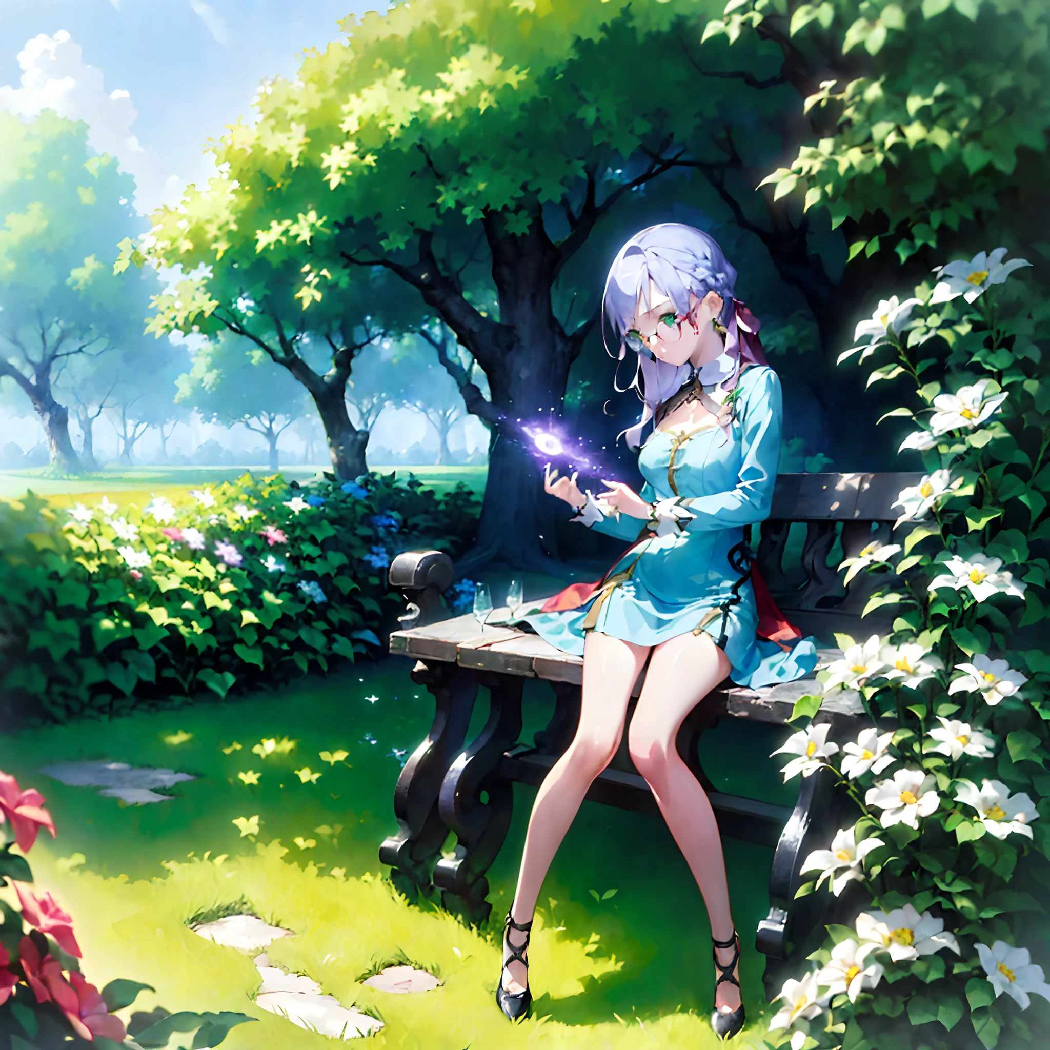(masterpiece、top-quality、top-quality、Official art、Beautifully Aesthetic:1.2)、((1girl in))、Stand in the garden、looking at the viewers、eye glass、Light purple hair、green colored eyes、(Longer dress)、Write