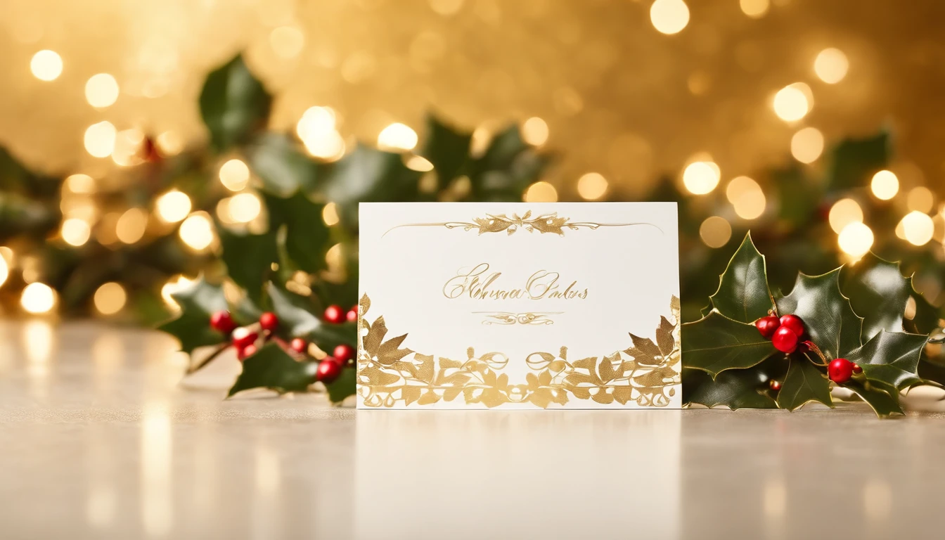 A blank white holiday card mockup on a shimmering gold background, with a border of holly leaves and berries for a festive touch.