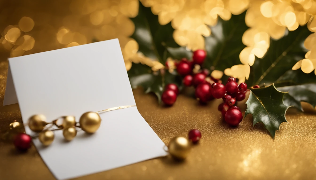 A blank white holiday card mockup on a shimmering gold background, with a border of holly leaves and berries for a festive touch.