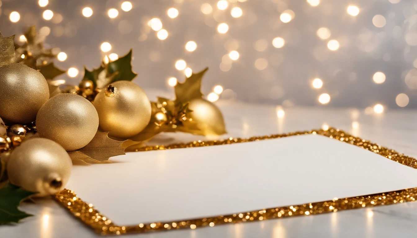 A blank white holiday card mockup on a shimmering gold background, with a border of holly leaves and berries for a festive touch.