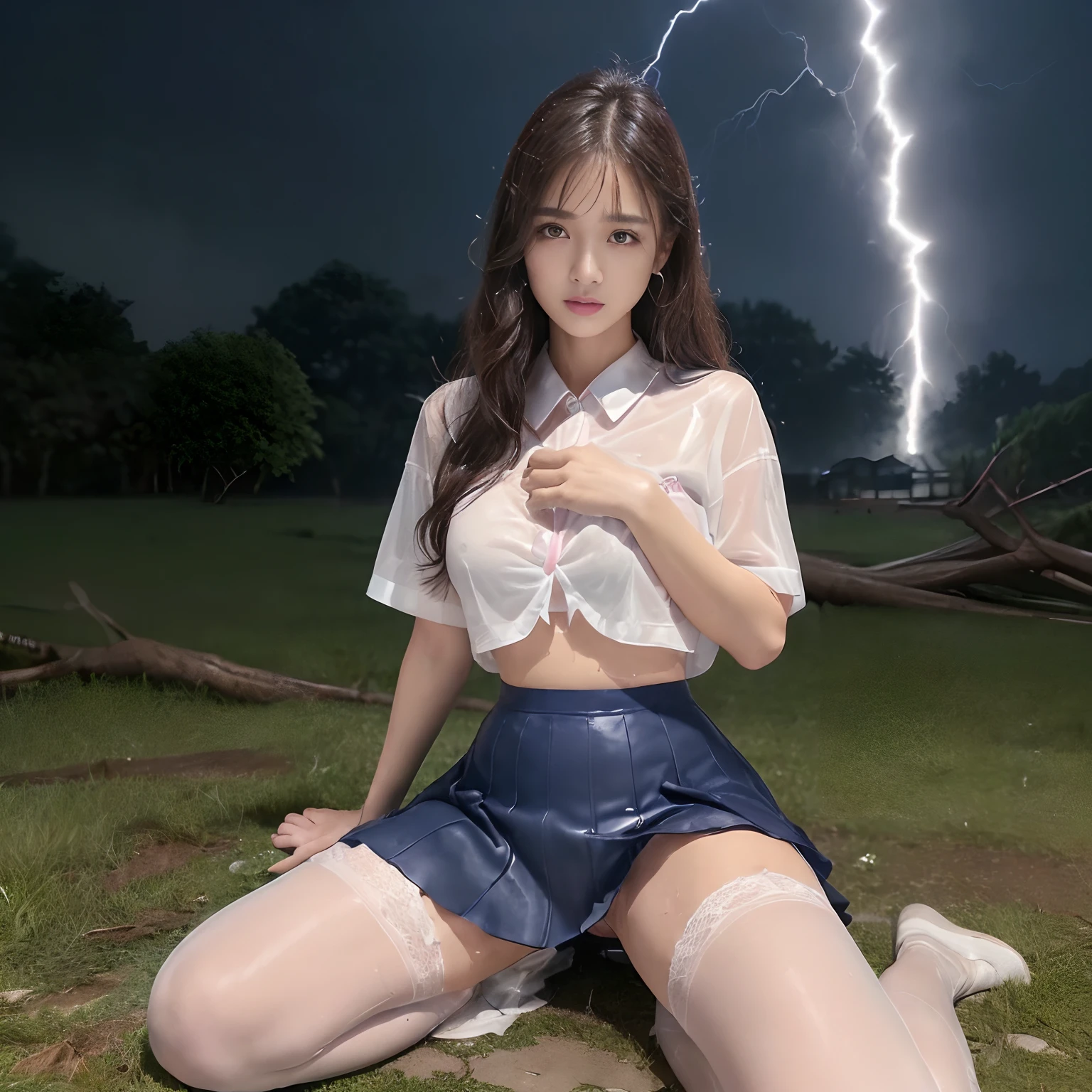 ((Best Quality, masutepiece, 超A high resolution、The most complex and detailed depictions)),((1 girl、Wet white uniform shirt、Uniforms that fit snugly to the skin、The uniform is wet and tight to the skin、The perfect texture of a wet shirt、Complex texture of wet clothes、Perfect texture for wet hair、Hair that gets wet and sticks to the skin、very wet hair、Very wet uniform drenched、The skin is faintly visible from the top of the clothes、Wet and see-through skin、Underwear faintly visible from the top of the clothes, perfect texture down to the details of wet clothes、Countless droplets of water on the body、Large dripping droplets of water、、Full body drenched and wet uniform white shirt、Perfect water drop texture、Pink underwear that shows through naturally、Wet and naturally sheer underwear、Perfectly expresses the texture of soaked hair、Wet and shiny hair、Complex and detailed water drop texture、Perfectly drawn water droplets、Ribbon on the chest、Wearing a dark blue wet skirt、Wet High School Uniform))、it is raining heavily、stormy、bao phan、strong wind blowing、Very heavy rain、((Lightning flashes、Lightning、Thunderbolt、Ground cracking、Cracked ground、Heavily cracked ground、Huge cracks in the ground、Ground trap、There are huge cracks in the ground、Very complex and realistic lightning、Thunderbolt、Lightning glow、Big thunder、a dark night、feeling of despair、heavy wind、Giant Thunder、One giant lightning bolt))、Precise legs、perfect anatomia、Looking at the camera、((Sit with your legs on the ground、Sit with your feet on the ground、Sit up straight on the ground、Sit on the ground))、((She looks up at me、Sad face、Face of fear、Looks cold、face that seems to cry、terrified expression、The Extreme Look of Fear、Alone in the city))、((Lightning flashes、drenching、bao phan、Ōlan、Fallen tree in the background、Rubble on background、fallen wood、rubble))