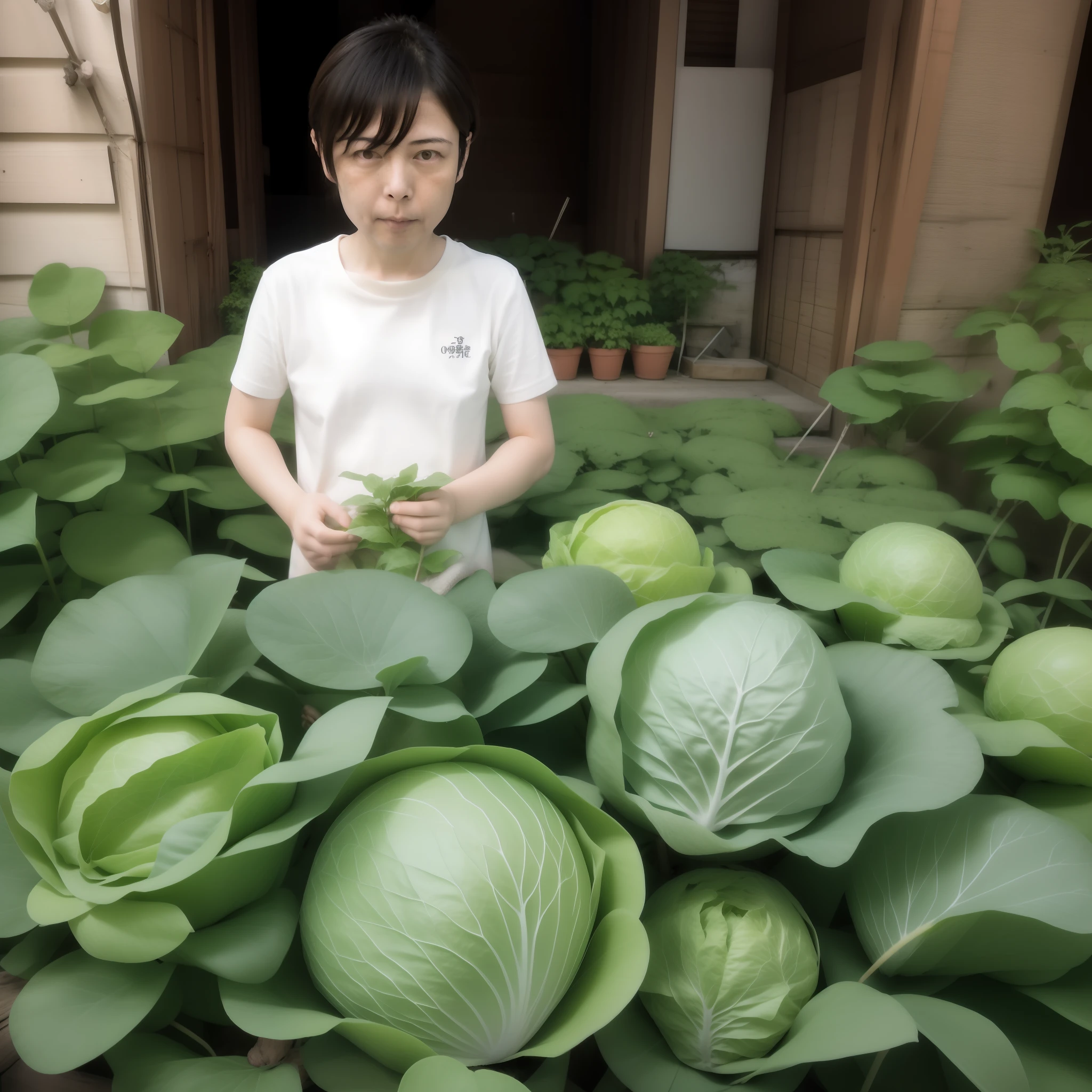 There is a boy standing in a garden with a large cabbage blooming, by Yasushi Sugiyama, Everything is growing in a huge, by Maeda Masao, confident holding vegetables, by Nishida Shun'ei, gardening, by Chizuko Yoshida, in a garden, tomohiro shimoguchi, The artist looks Yokoyama, by Tsubasa Nakai