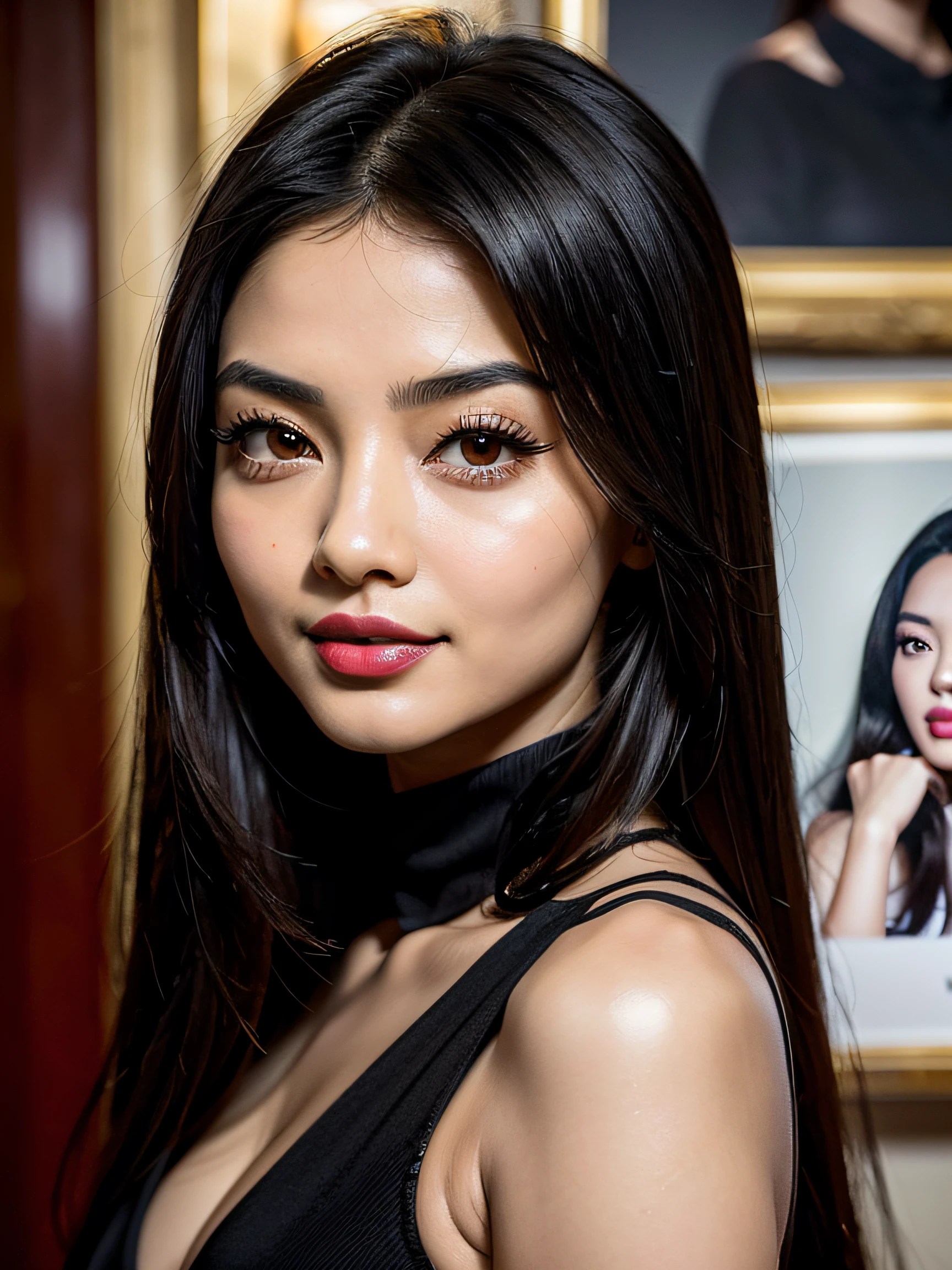 ((Masterpiece)), ((Realistic)), 8k, ((headshot)), (looking_at_viewer), (((extremely cute))), ((young chinese woman)), ((small broad captivating monolid ((black eyes)))), young Tang Yan:0.2, young Aishwarya Rai:0.1, Jade Thirlwall:0.2, young Miranda Kerr:0.1, young Cheryl:0.3, Angela Yeung Wing:0.1, young Ana de Armas:0.2, young Victoria Justice:0.2, young Eva Longoria:0.2, ((black hair)), ((red thin lips)), ((small nose)), (((red lipsstick))), ((round face)),((small eyebrows)), smiling