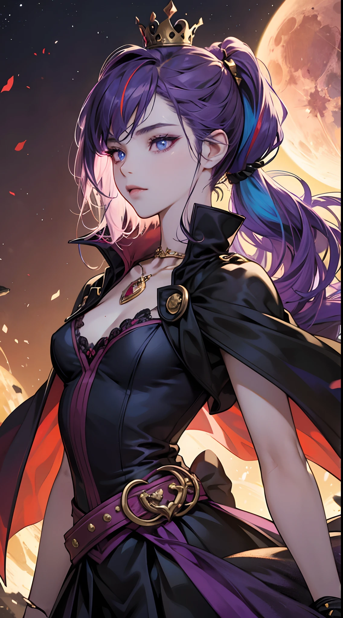 sexy vampire woman, perfect body shape, small breast, battle skirt, (royal cape:1.1), main color is matte black, secondary color is purple, sexy and devil aura, original character, masterpieces, seducing purple pupil, (multi color high pony tail 1:1.2), walking under blood moon and middle of the destroyed city street, purple gem accessories, golden belt, golden necklace, windy and evil effect, soft moon light focus, corruption tattoo,extremely delicate and beautiful eyes, (detailed super oily shiny skin:1.1), messy fang,