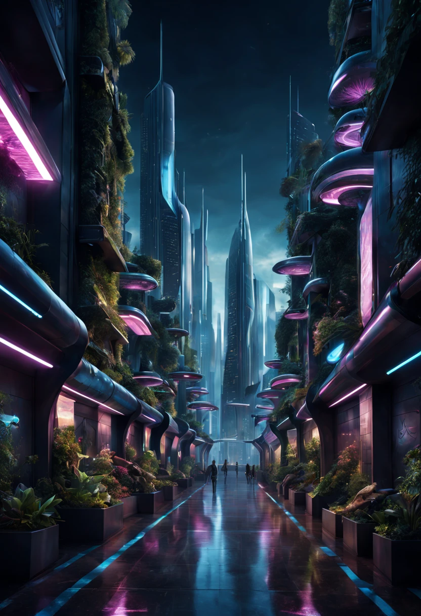 Describe a futuristic cityscape in 2050, Where futuristic skyscrapers rise up to the sky, illuminated by pulsing neon lights. The streets are lined with silent flying vehicles, enquanto hologramas flutuantes exibem publicidade interativa. Vertical gardens cover the facades of the buildings, combinando natureza e tecnologia. The sidewalks are made of self-cleaning material and change color as people pass by. Descreva os sons, smells and physical sensations of this futuristic landscape, 8k, cinematic ilumionation.