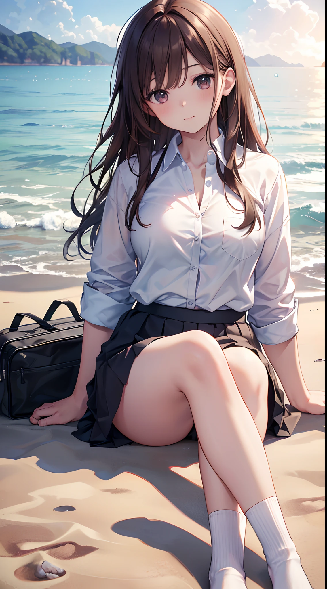 ultra-detailliert, hight resolution, (Realistic, Photorealistic: 1.4), 8K, Raw photo, (masutepiece), (Best Quality), physically-based renderingt, Female college student, long brown hair, Korea, Beach, Unbutton your socks and look at them_white_Shirt,open-shirt