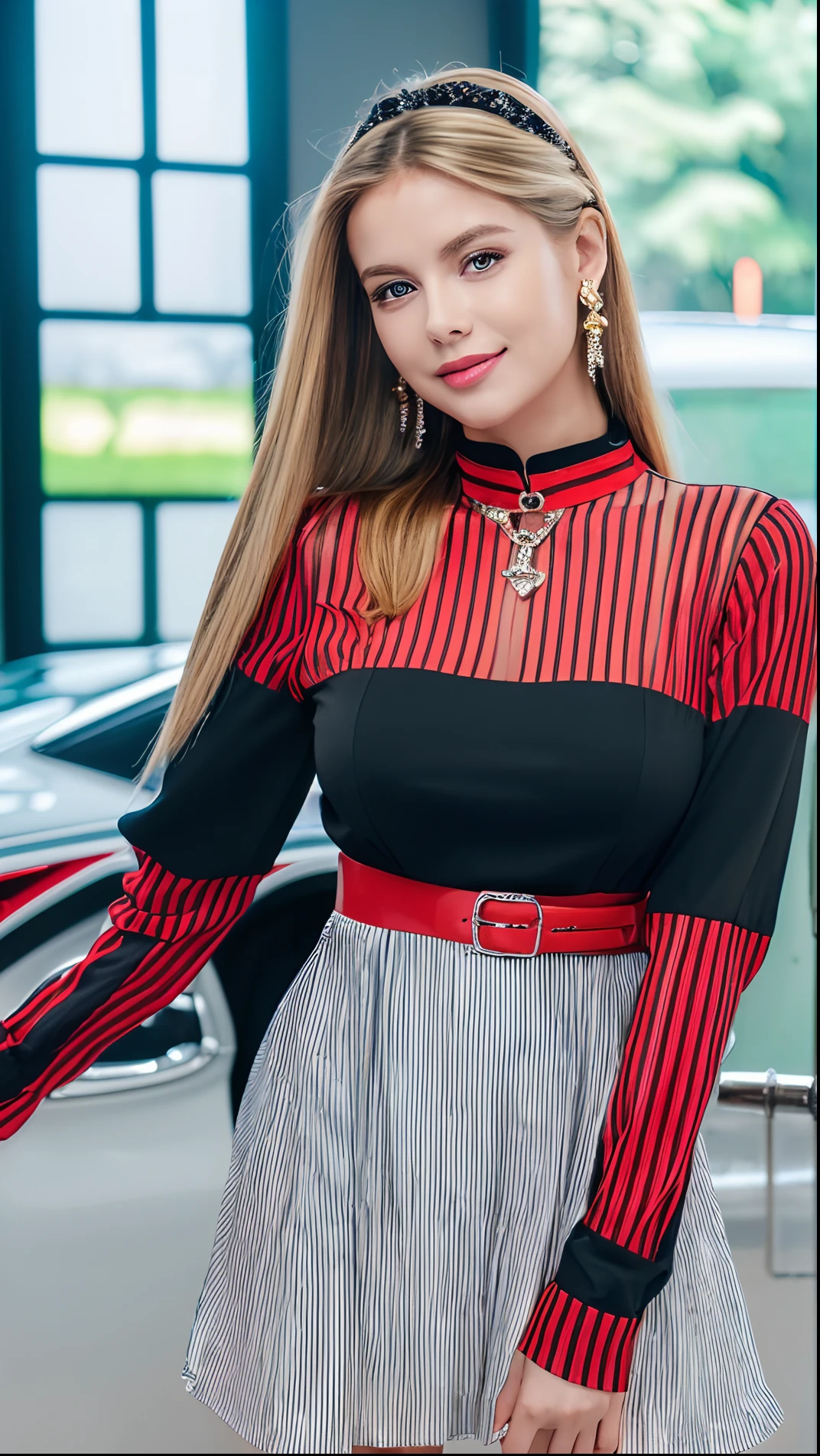 (top-quality、ultra high resolution、8K、masterpiece、real、photorealsitic:1.8)、a Finnish race queen、solo、full shot、break、detailed hair、blonde hair、straight hair、cat ear hairband、(white skin、big breasts:1.2)、super detailed face、detailed skin、Lustrous skin、blue eyes、blushing cheeks、detailed lips、smile、(shiny dress with red and black vertical stripes、long sleeves)、large diamond brooch、golden belt、break、(drunk:1.2)、(motor show:1.3、indoors:1.1)、twinkling lights
