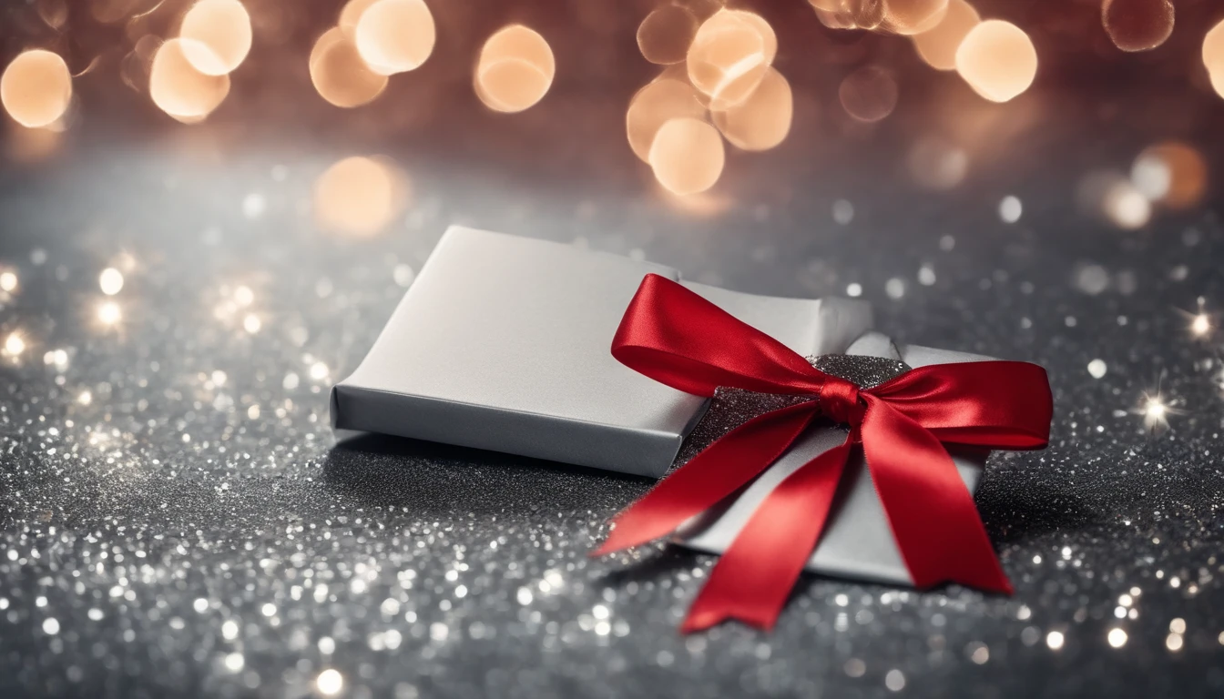 A blank red gift tag mockup with a silver ribbon tied in a bow, against a backdrop of sparkling silver sequins.
