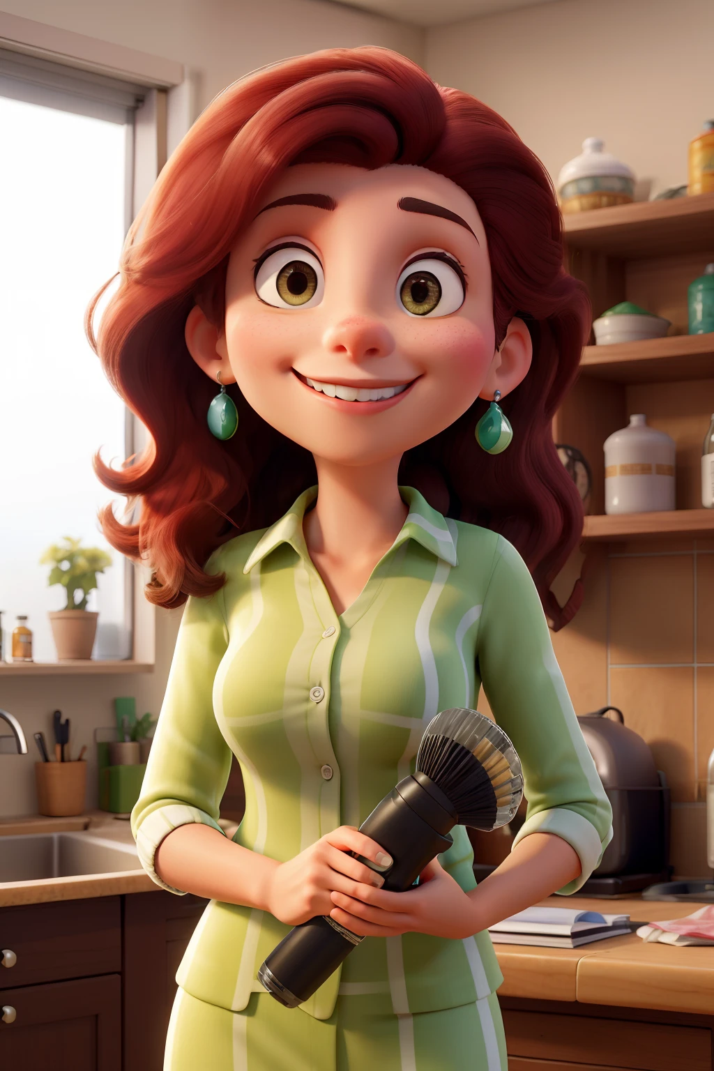 Obra-prima, melhor qualidade, limpando a casa: Aurora Arruda, A young and successful Brazilian businesswoman. She's a young woman, por volta de seus 28 anos, de pele branca, cabelos lisos, longos e castanhos que atingem a cintura. Em cada retrato, Aurora will be smiling, staring directly at camera. In her hand she holds a spray bottle.
