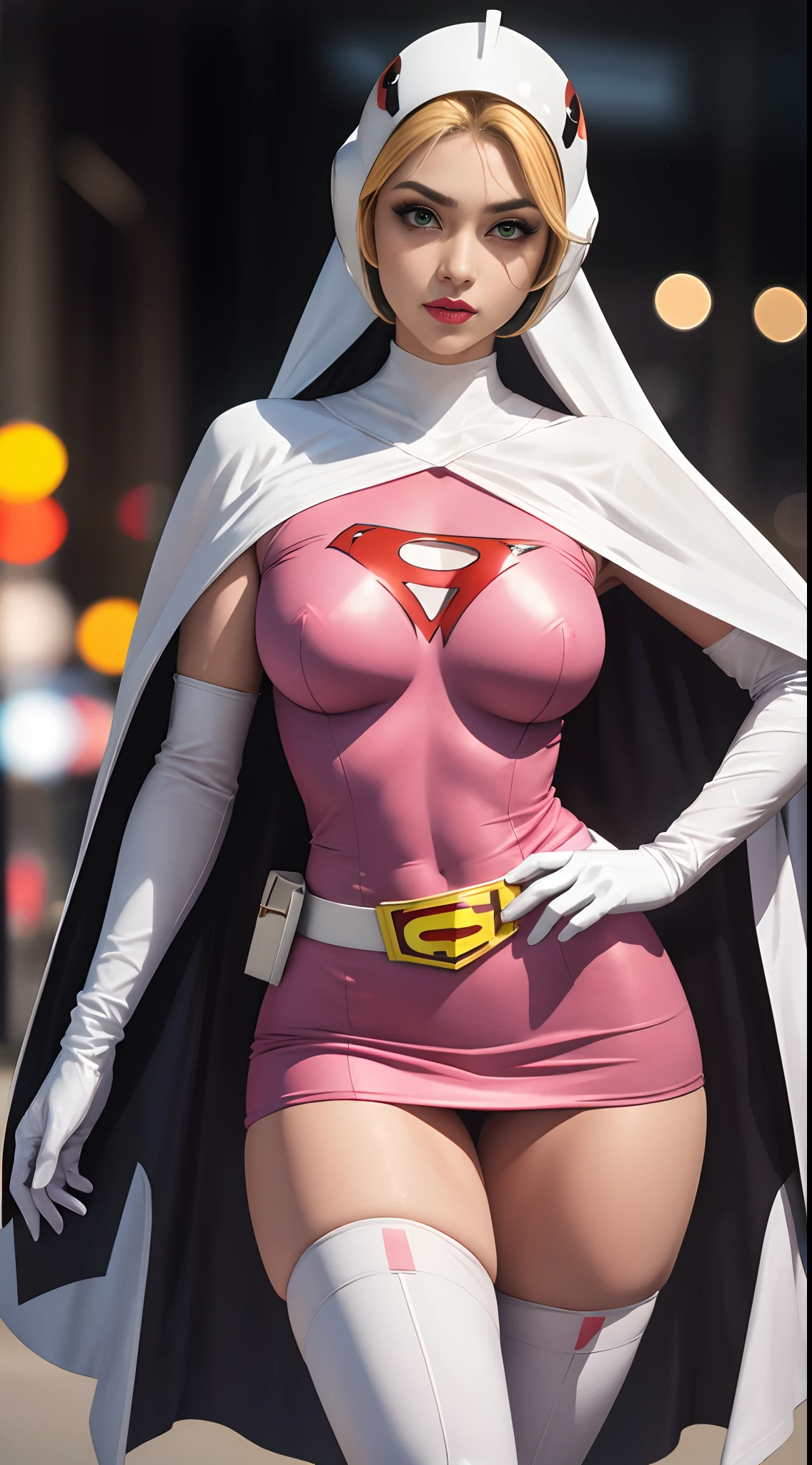 straight-on,pose,looking at viewer,BREAK, ANI_CLASSIC_jun_gatchaman_ownwaifu,www.ownwaifu.com, long hair,breasts,green eyes,lips,medium breasts,blonde hair,lipstick,makeup, gloves,cape,helmet,belt,elbow gloves,white gloves,mask,skirt,leotard,spacesuit,white legwear,pink dress,superhero,bodysuit, official art,extremely detailed CG unity 8k wallpaper, perfect lighting,Colorful, Bright_Front_face_Lighting,shiny skin, (masterpiece:1.0),(best_quality:1.0), ultra high res,4K,ultra-detailed, photography, 8K, HDR, highres, (absurdres:1.2), Kodak portra 400, film grain, blurry background, (bokeh:1.2), lens flare, (vibrant_color:1.2),professional photograph, (beautiful_face:1.5),