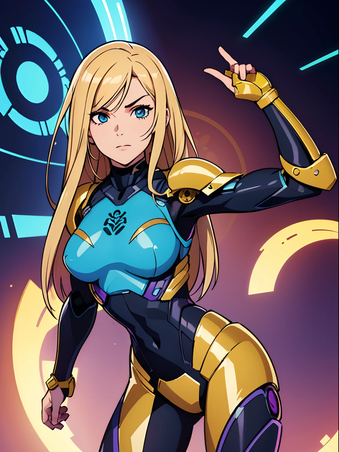 (melhor qualidade, obra-prima), 1girl, (android), tecnológic armor, feliz, corada, rechonchuda, fofa, emphasis on breasts, pose sexy, coxas,(cyborg girl)