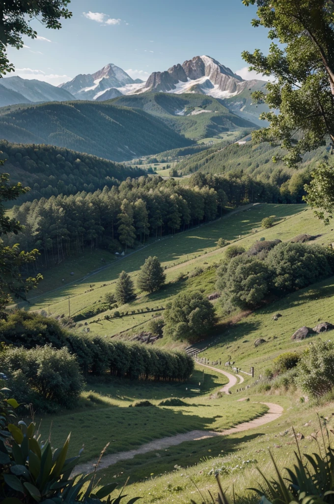 (masterpiece),(best quality:1.0), (ultra highres:1.0), detailed illustration, 8k, realistic landscape, mountains, green foliage everywhere, luscious grass, tall trees, masterful and detailed vines