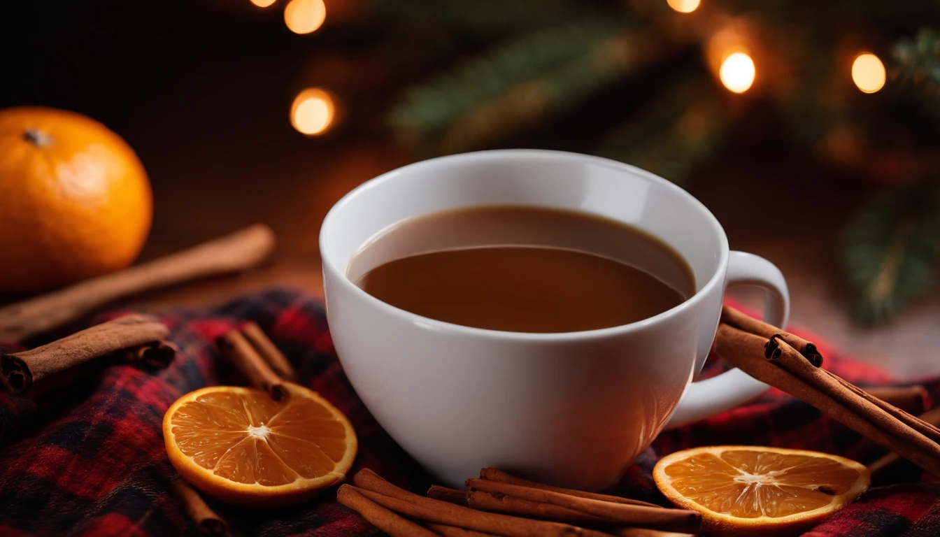 A blank white mug mockup on a cozy plaid blanket, surrounded by cinnamon sticks, cloves, and dried oranges for a warm and inviting feel.