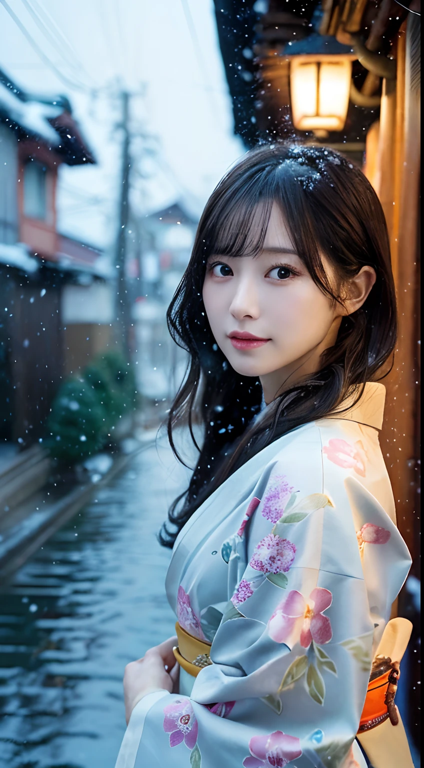 (Kimono)、(top-quality,masterpiece:1.3,超A high resolution,),(ultra-detailliert,Caustics),(Photorealsitic:1.4,RAW shooting,)Ultra-realistic capture,A highly detailed,high-definition16Kfor human skin、 Skin texture is natural、、The skin looks healthy with an even tone、 Use natural light and color,One Woman,japanes,,kawaii,A dark-haired,Middle hair,(depth of fields、chromatic abberation、、Wide range of lighting、Natural Shading、)、(Exterior light at night:1.4)、(Falling snow:1.2)、(Hair swaying in the wind:1.1)、(Light reflecting snow:1.2)
