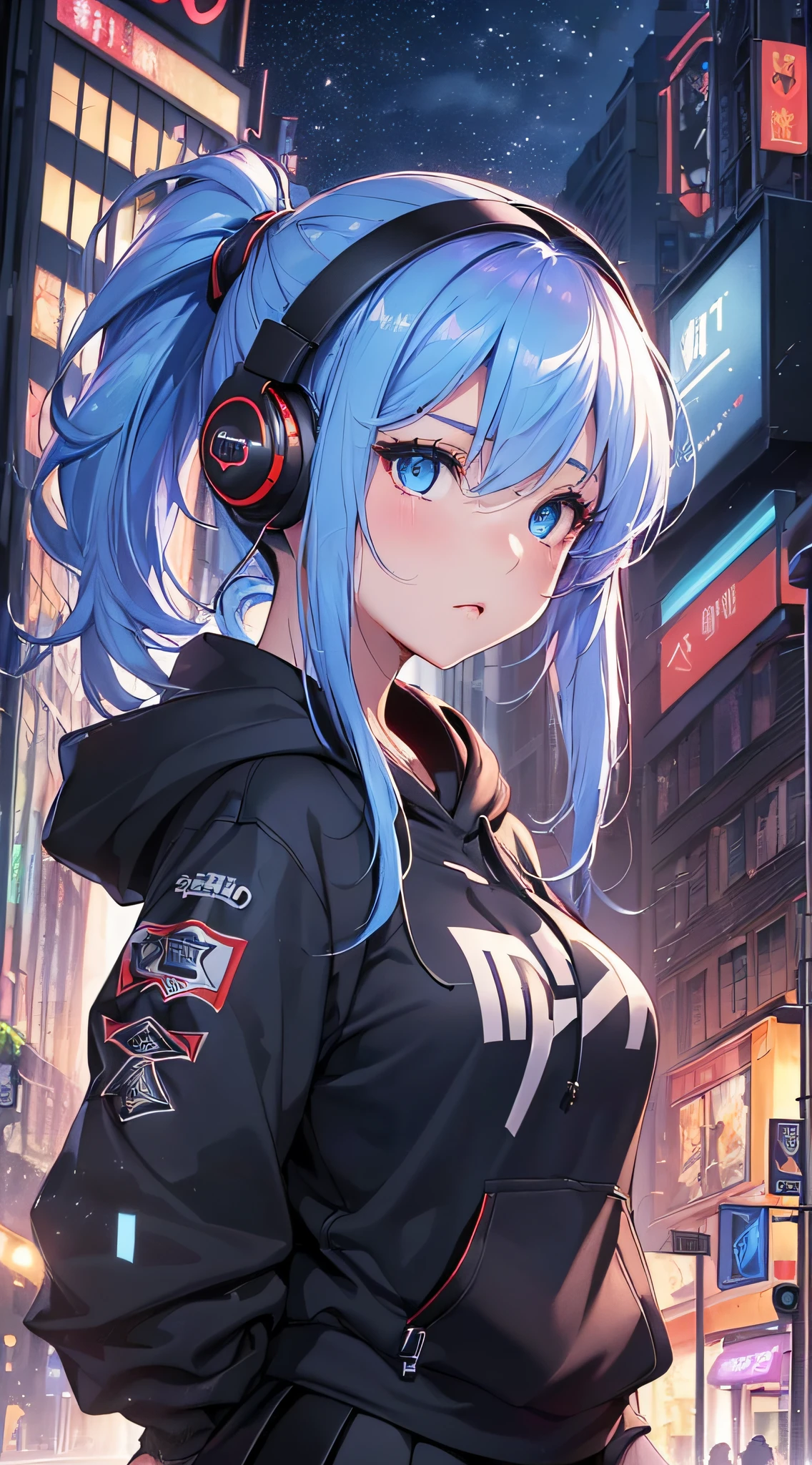 (masterpiece), (Highest quality), Ultra-high resolution, Sharp focus, ((1 female, alone)), whole body, Cyberpunk Theme,Small breasts, Beautiful detailed hair, Light blue hair, long hair hangs down, Beautifully detailed face, ((Beautifully shaped eyes, blue eyes)), Perfect feminine face, View your audience, Feminine navy blue cyberpunk outfit,refined armor, Brightly colored city neon lights, (At night:1.2),Large backpack,shout out loud