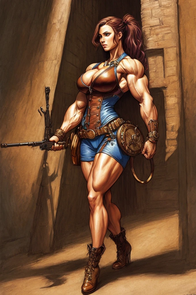 Realistic drawing art in colors Alex Horley style, robust woman soldier full Steampunk bodybuilder, shaved hair, full body, Blue costume, concentrated, Steampunk shotgun, patrolling Steampunk streets, ultra HD images.