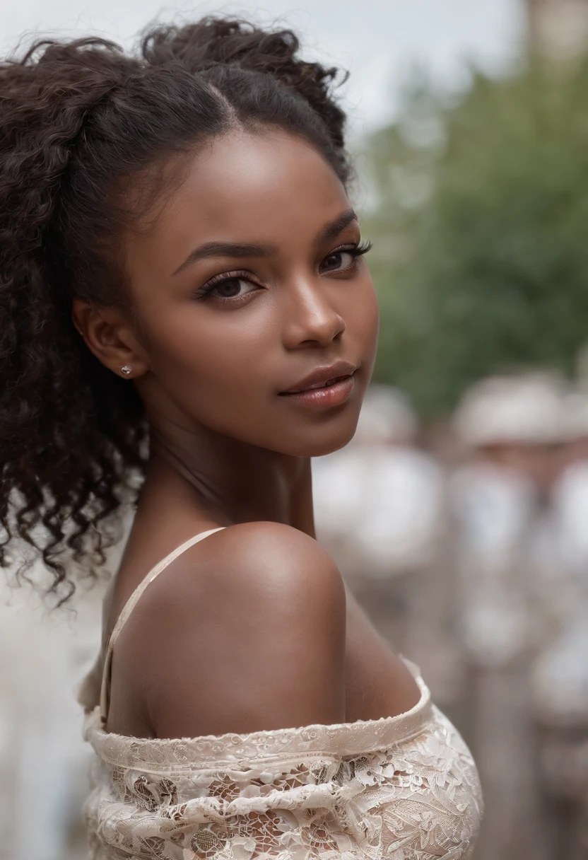 ((Dark African skin, Very deep ebony skin)), ((Its beauty is undeniable)), ((Excited cute face)), ((Hyper detailed perfect eyes,)), ((Pose mignonne)), ((Langue sortie)), ((Seductive )), sexy, (( Tight mesh shirt, shorts courts sexy)), ((African long curly hair afro ponytail,)), (( peau)), ((debout, Vue de face)), ((toucher ses propres jambes dans une pose sexy)), ((dehors, Ville publique)), (( very sexy)),Sharp Focus CGI, photoreallistic, High detail, Realstic, Masterpiece, absurdes, Best quality, Hdr, High quality, high-definition, Extremely detailed, 8k wallpaper, Intricate details, 8K UHD, Full-HD, (photo realist:1.2), contraste, intense illumination, lighting cinematic, natural lighting, hard light, contre-jour, Illumination globale, occlusion ambiante