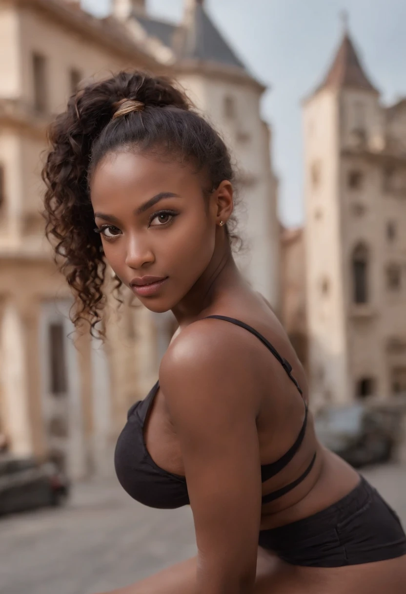 ((Dark African skin, Very deep ebony skin)), ((Its beauty is undeniable)), ((Excited cute face)), ((Hyper detailed perfect eyes,)), ((Pose mignonne)), ((Langue sortie)), ((Seductive )), sexy, (( Tight mesh shirt, shorts courts sexy)), ((African long curly hair afro ponytail,)), (( peau)), ((debout, Vue de face)), ((toucher ses propres jambes dans une pose sexy)), ((dehors, Ville publique)), (( very sexy)),Sharp Focus CGI, photoreallistic, High detail, Realstic, Masterpiece, absurdes, Best quality, Hdr, High quality, high-definition, Extremely detailed, 8k wallpaper, Intricate details, 8K UHD, Full-HD, (photo realist:1.2), contraste, intense illumination, lighting cinematic, natural lighting, hard light, contre-jour, Illumination globale, occlusion ambiante