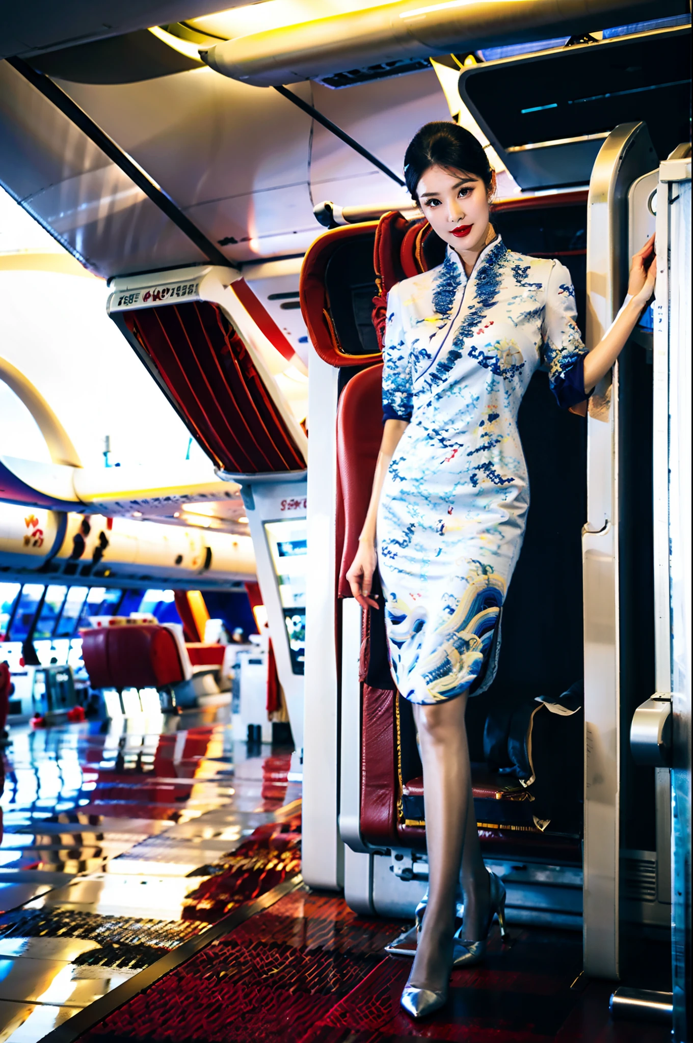 Stiletto heels，Single ball hairstyle，Heavy makeup，Redlip，White skin，mature，full bodyesbian，Long legs，You can see the whole body，Ultra-thin flesh-colored pantyhose，Flight attendant cheongsam uniform，airport