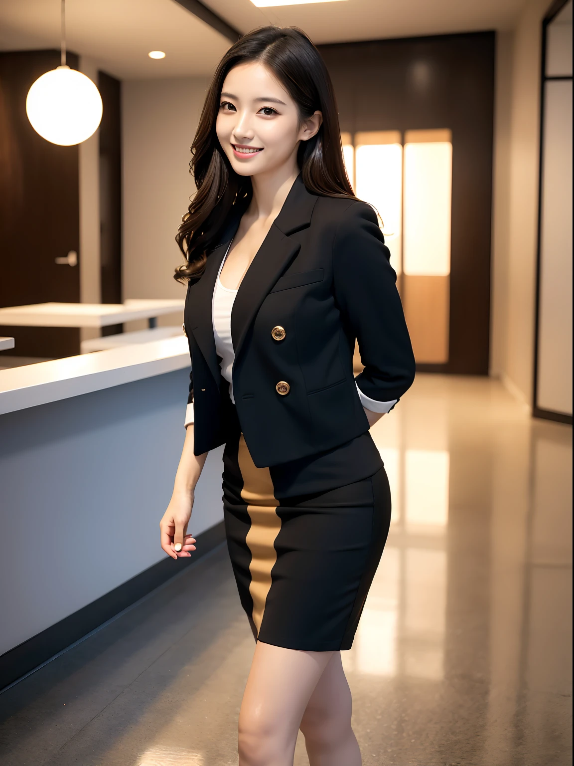 (masutepiece:1.3), (8K, Photorealistic, Raw photo, Best Quality: 1.4), Japanese, (1girl in), Beautiful face, (Realistic face), (Black hair), Beautiful hairstyle, Realistic eyes, Beautiful detailed eyes, (Realistic skin), Beautiful skin, Attractive, 超A high resolution, A hyper-realistic, Highly detailed, Golden ratio, (Full body:1.37), (Woman in pencil skirt and suit jacket with attention to detail:1.4), (Office Lady), professionattire, high-heels, (Happy smile:1.3), (long straight hair with a flowing shine,,,,,,,,,,,,,,,:1.3), BREAK, (huge-breasted, Big ass:1.3), Scenery, (Beautiful sunrise background:1.2), from behind, Backshots, Arched back, (arms behind back), Beautiful detailed eyes, Looking at Viewer, From below, (No makeup), (Cute), Photon mapping, (Professional Lighting), finely detail, () ), (skirt rift:1.1),