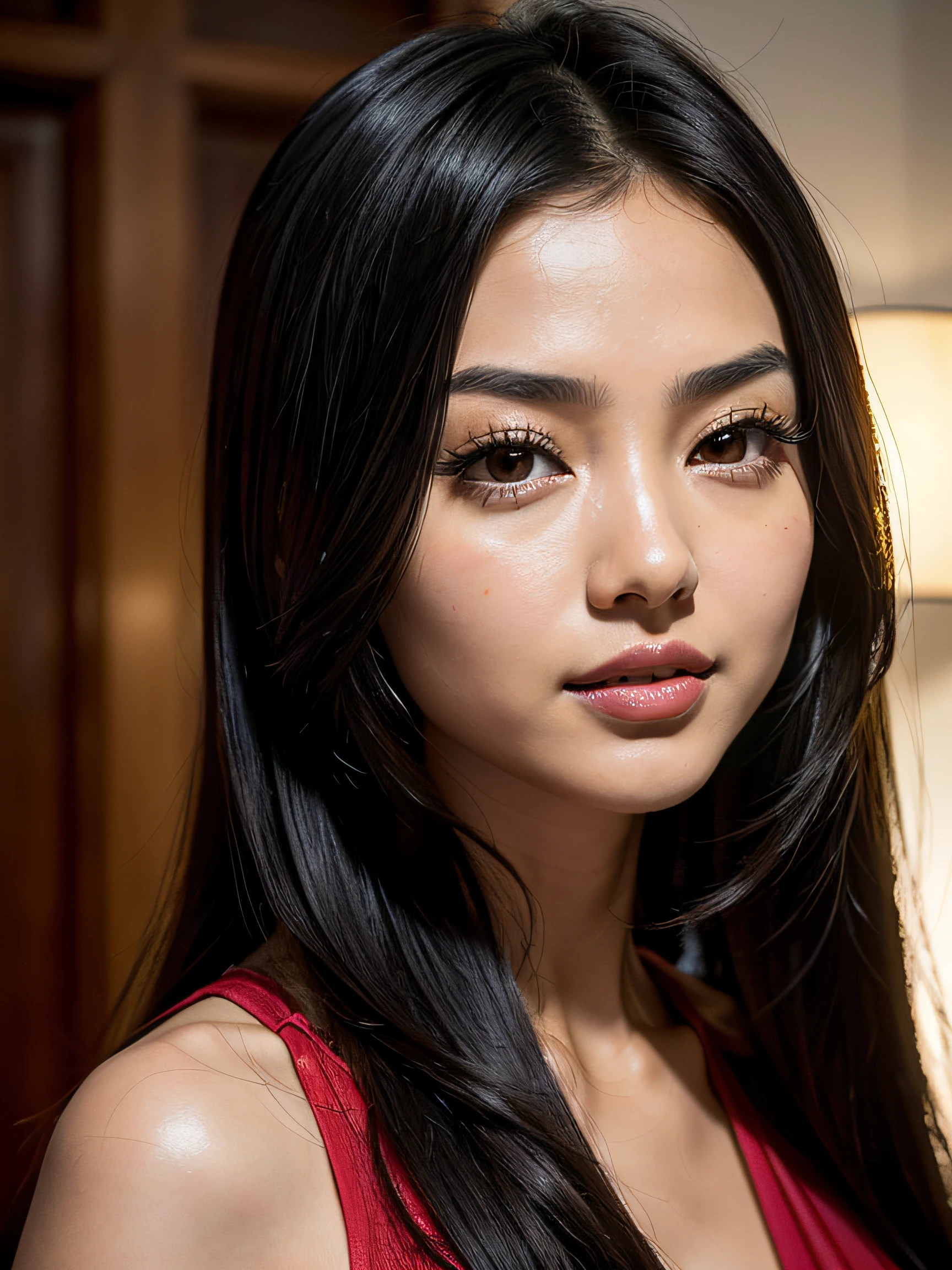 ((Masterpiece)), ((Realistic)), 8k, ((headshot)), (body looking_at_viewer), (looking_at_viewer), (((extremely cute))), ((young chinese woman)), ((small (broad) captivating monolid ((black eyes)))), young Tang Yan:0.2, young Aishwarya Rai:0.1, Jade Thirlwall:0.2, young Miranda Kerr:0.1, young Cheryl:0.3, Angela Yeung Wing:0.1, young Ana de Armas:0.2, young Victoria Justice:0.2, young Eva Longoria:0.2, ((black hair)), ((red thin lips)), ((small nose)), (((red lipsstick))), ((round face)),((small eyebrows)), smiling