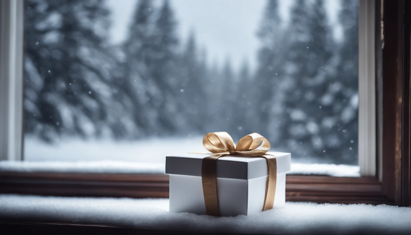 A blank white gift box mockup on a snowy window sill, with a view of snow-covered trees and a starry winter sky in the background.