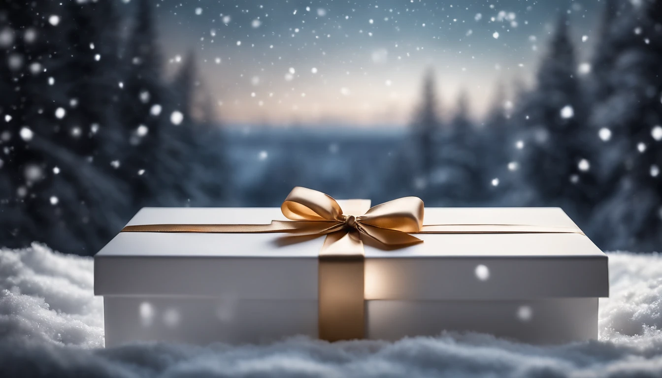 A blank white gift box mockup on a snowy window sill, with a view of snow-covered trees and a starry winter sky in the background.