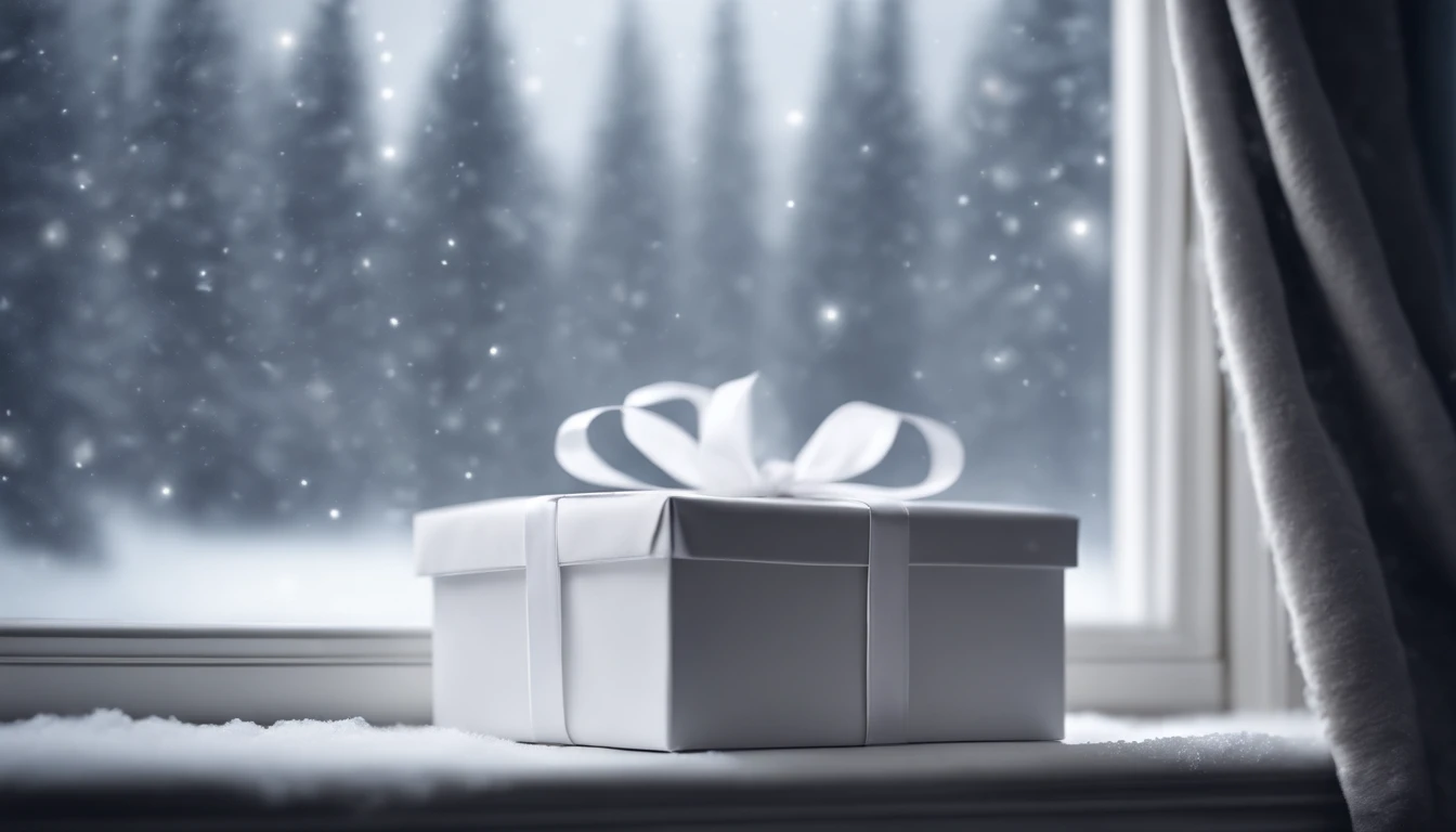 A blank white gift box mockup on a snowy window sill, with a view of snow-covered trees and a starry winter sky in the background.
