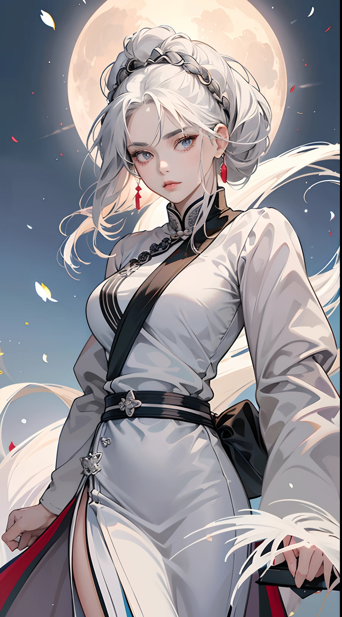 original character, Masterpiece, Best, Night, Full Moon, 1 Female, Mature Woman, Chinese Style, Ancient China, Elder Sister, Royal Sister, Cold Face, Silver White Long Haired Woman, Pale pink lips, calm three belts, gray pupils, assassin, flower ball background, street view, white-haired, medium breast, attractive aura, windy effect, bare shoulder