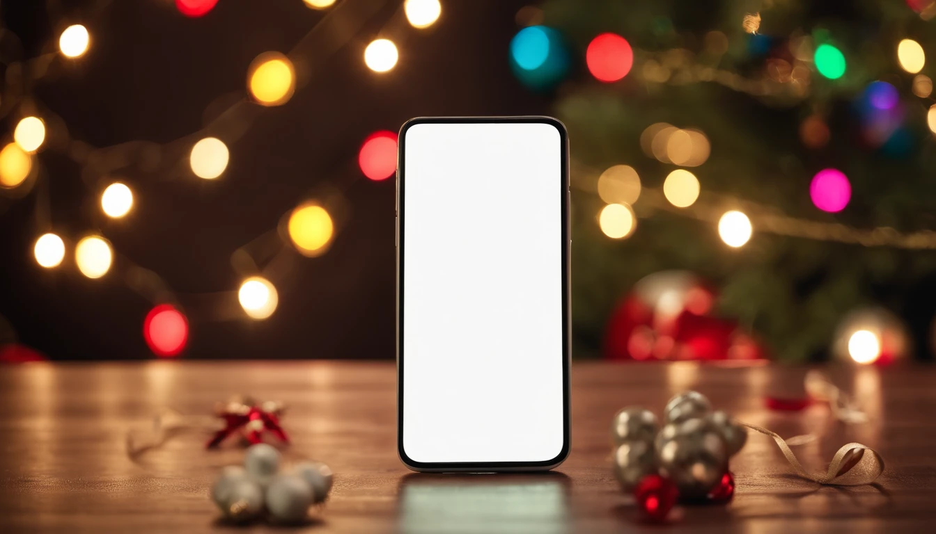A blank white phone screen mockup on a table adorned with colorful holiday ornaments and a string of bright lights, adding a playful and festive touch