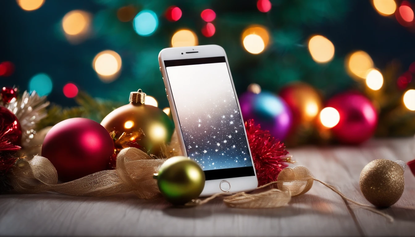 A blank white phone screen mockup on a table adorned with colorful holiday ornaments and a string of bright lights, adding a playful and festive touch