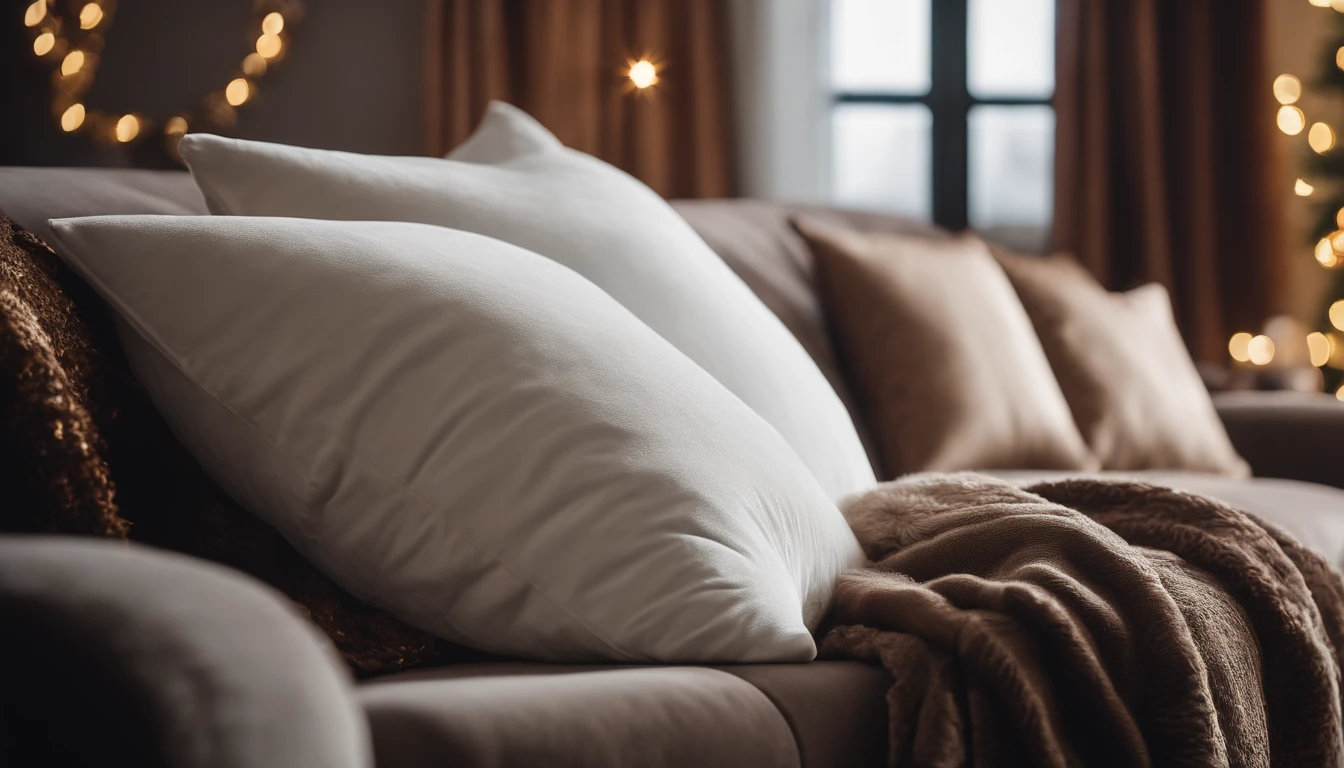 A blank white pillow mockup on a luxurious velvet sofa, surrounded by holiday-themed throw pillows and a plush winter blanket.