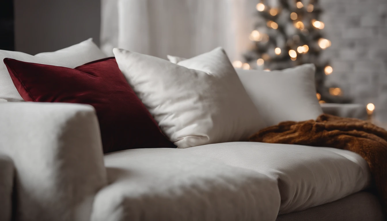 A blank white pillow mockup on a luxurious velvet sofa, surrounded by holiday-themed throw pillows and a plush winter blanket.
