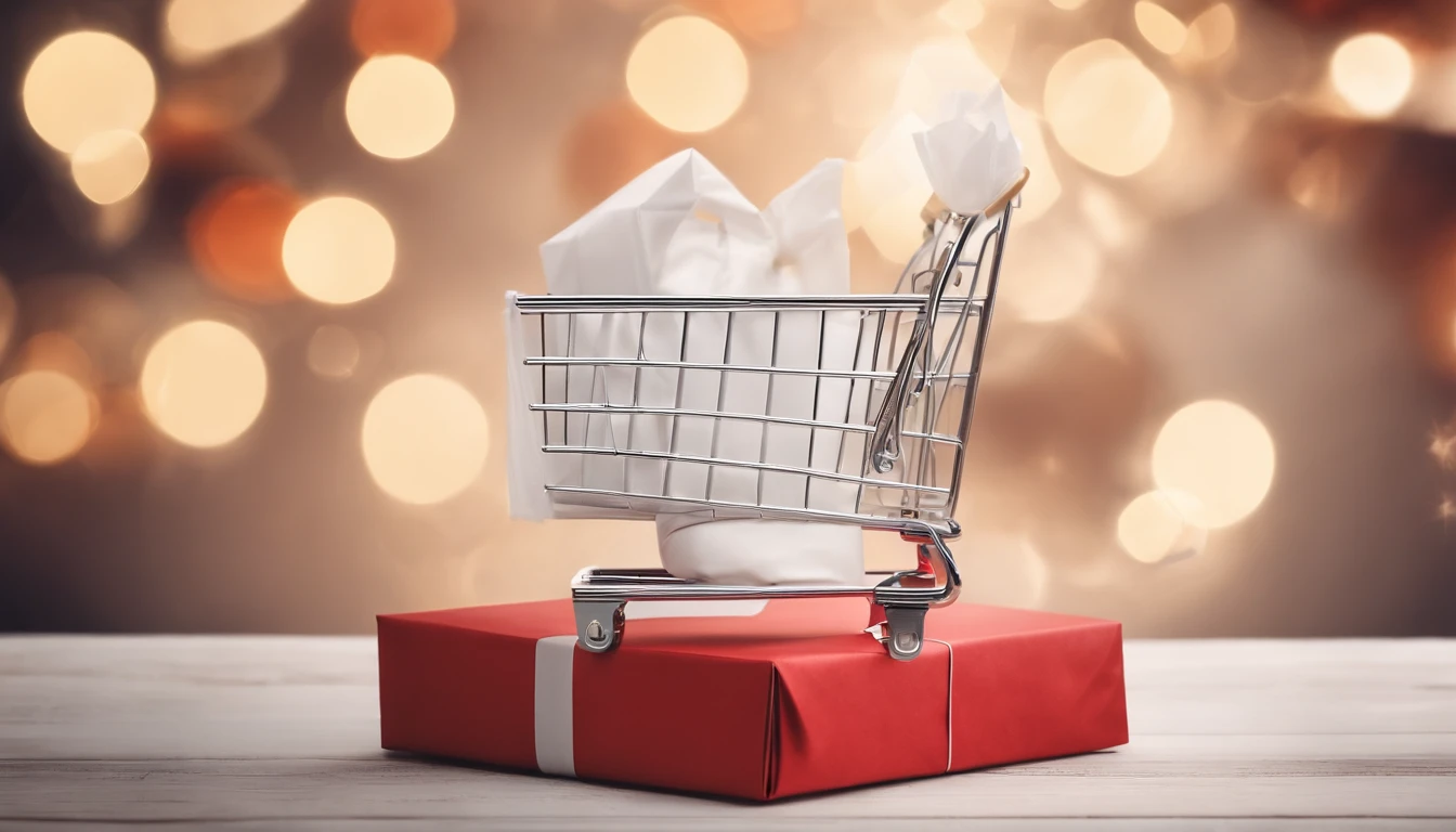 A blank white shopping bag mockup on a shopping cart, with a background of beautifully wrapped holiday gifts and shopping bags, showcasing the excitement of holiday shopping.