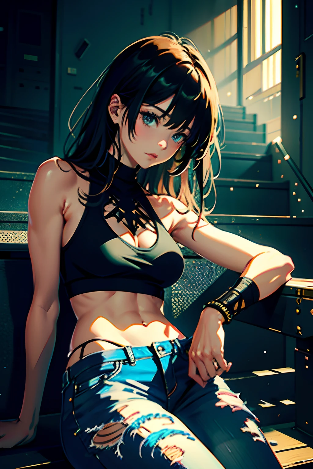 Beautiful woman,Sitting on several stairs, Ripped jeans, Tank top, ((Pull up her shirt)) , slightly muscular, Beautiful anime waifu style girl, hyper detailed painting, luminism, art by Carne Griffiths and Wadim Kashin concept art, post apocalyptic background, Abstract beauty, Approaching perfection, Pure form, Golden ratio, minimalistic, Dark atmosphere, unfinished, Concept art, Intricate details, 8k post-production, High resolution, hyperdetails, Trending on ArtStation, Sharp Focus, studio photo, Intricate details, Highly detailed, John Bauer