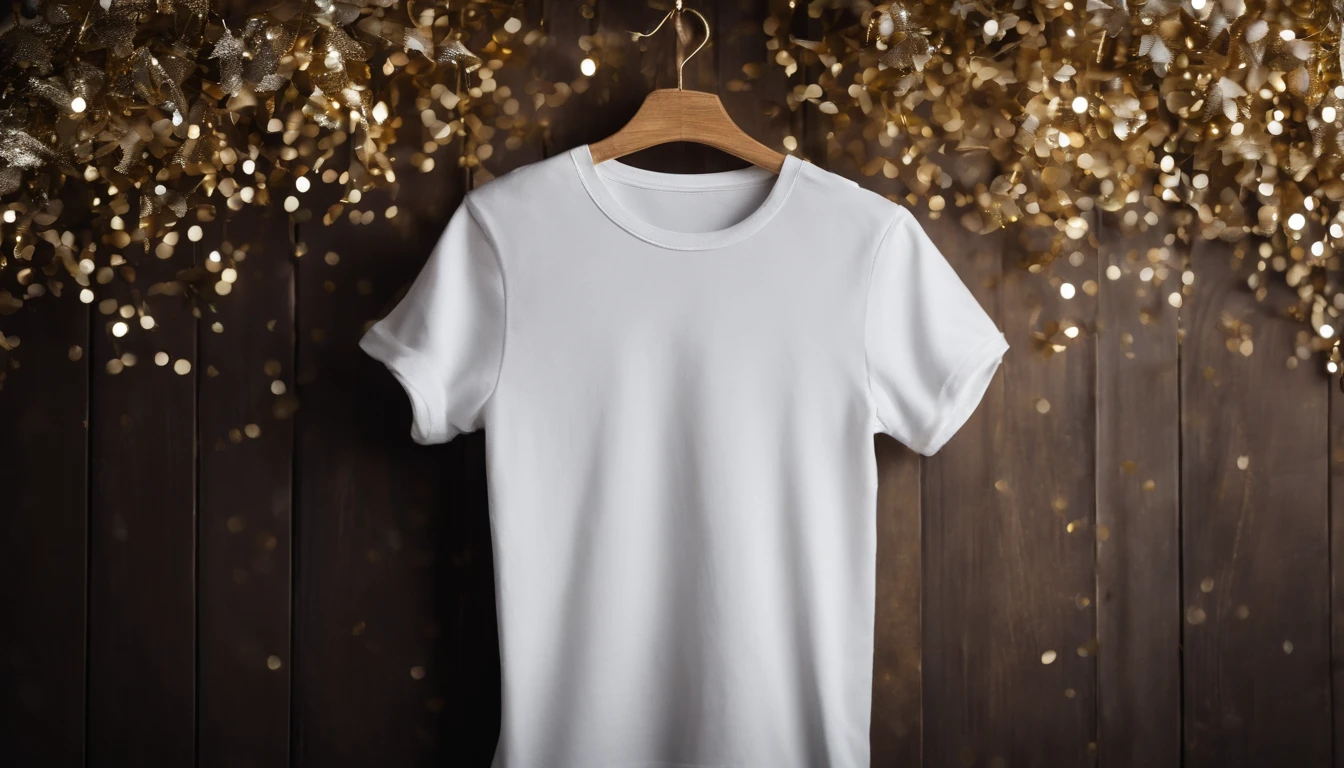 A blank white t-shirt mockup on a wooden hanger, hanging against a backdrop of sparkling silver and gold confetti, adding a celebratory feel to the holiday season.