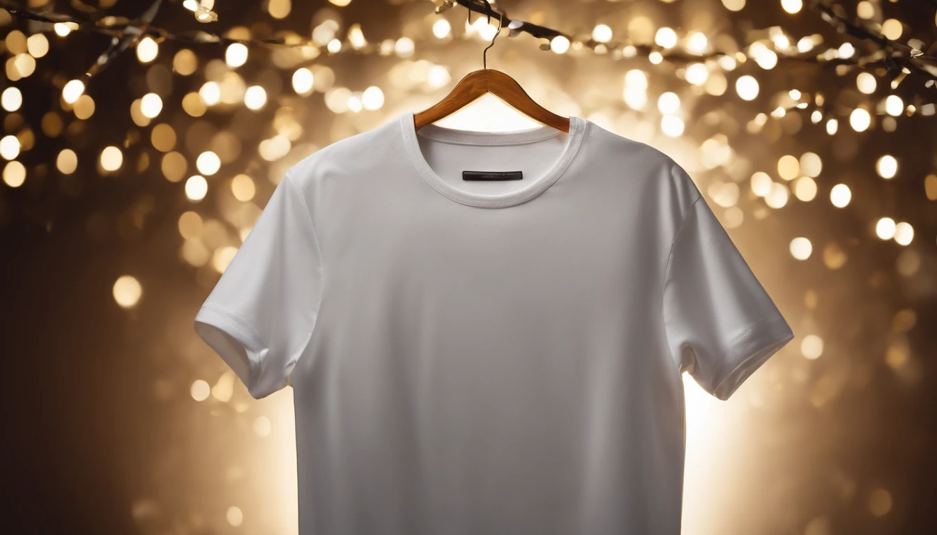 A blank white t-shirt mockup on a wooden hanger, hanging against a backdrop of sparkling silver and gold confetti, adding a celebratory feel to the holiday season.