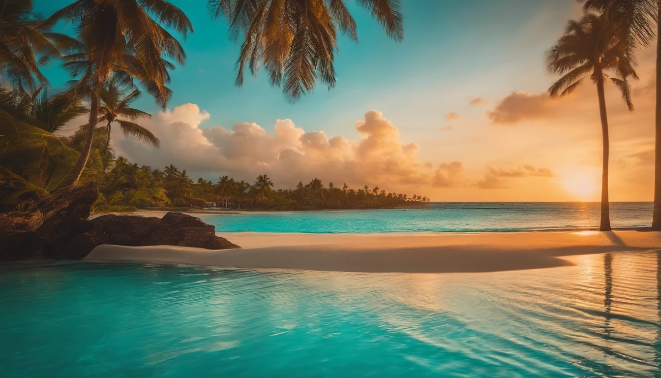 A vibrant, tropical beach setting with lush palm trees, crystal-clear turquoise waters, and a colorful sunset sky