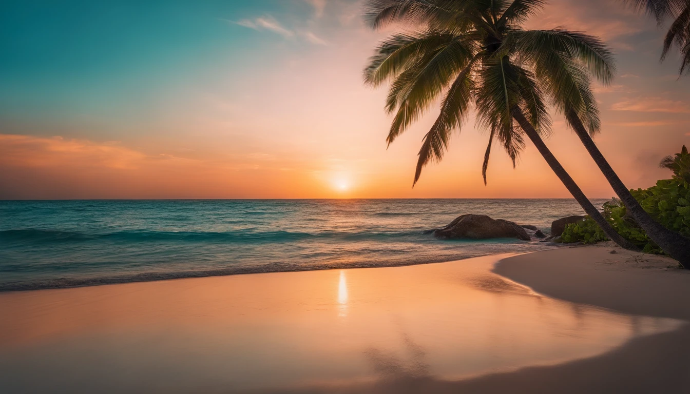 A vibrant, tropical beach setting with lush palm trees, crystal-clear turquoise waters, and a colorful sunset sky