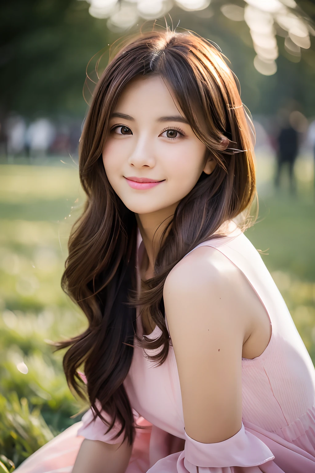 (masterpiece), (best quality), ultra high res, sharp focus, ((1 woman, solo)), upper body, medium long shot, MLS, background blur focus on face only, in the meadow of lily flower, (at the beautiful night time:1.2), beautiful detailed hair, chesnut brown hair, long hair tumbles down, ((beautiful shape eyes, )), beautiful detailed face, perfect feminine face, smiles warmly, look at the viewer, in pink coquette clothes, comfortable pose to the viewer