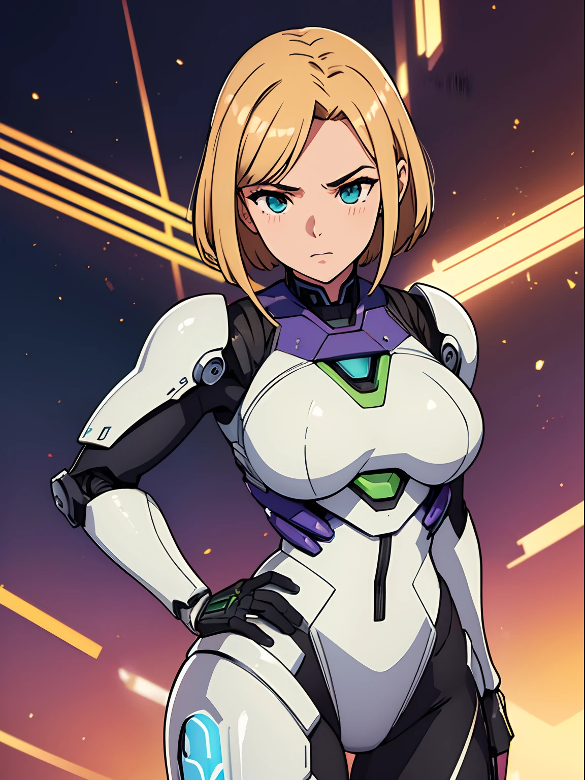 (melhor qualidade, obra-prima), 1girl, (android), technological armor, feliz, corada, rechonchuda, fofa, emphasis on breasts, pose sexy, coxas,(cyborg girl)