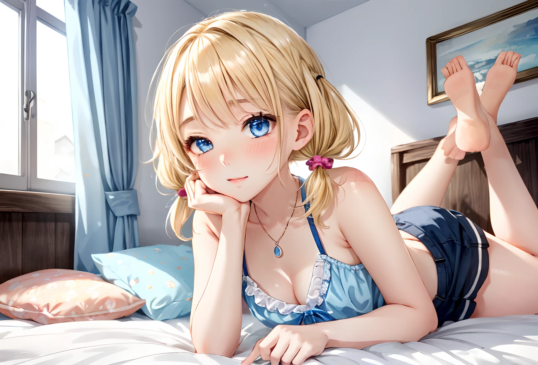 absurderes, hight resolution,best qualtiy、(独奏:1.7)、ultra-detailliert,bright colour,extremely beautiful detailed face and eyes, Blushing、(Lens Flare:1.2), cleavage, (nose blush), one eye closed, Bedroom, Shiny hair, (glint), Small necklace, hair clips,(deep blue eyes:1.4)、(Blonde short hair,low twintails:1.4) (Night, Real Light), Normal body shape beautiful girl, sexy underwear, Little girl lying on bed,Upper body