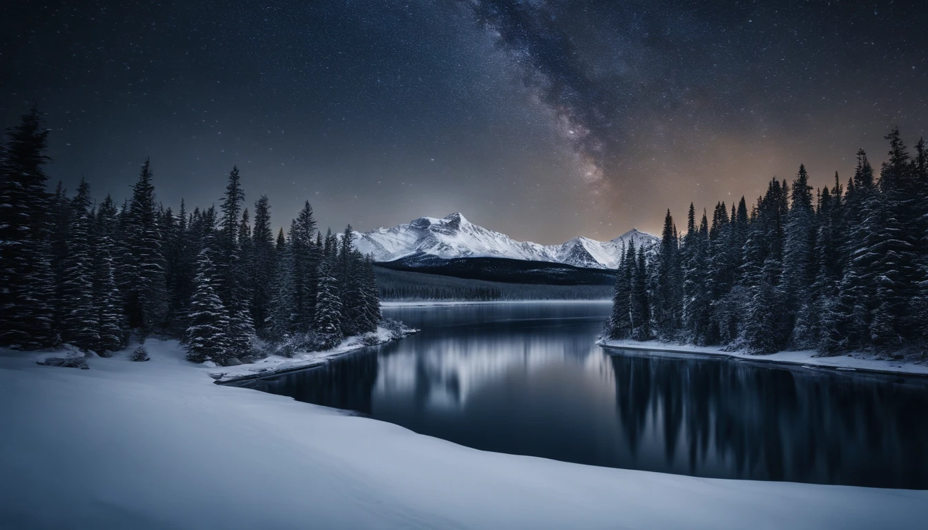 A mesmerizing winter wonderland featuring snow-covered mountains, evergreen forests, and a serene frozen lake reflecting the starry night sky