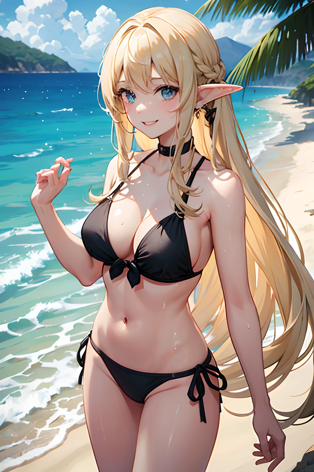 s girl,elvish,a blond,long hair up to the waist,straight haired,wet swimsuit A black The bikini,Smile,Daytime beach,Stand on the beach,beach