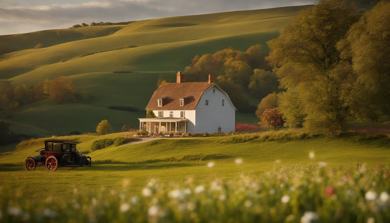 A picturesque countryside scene with rolling green hills, blooming wildflowers, and a charming farmhouse adorned with festive holiday decorations.