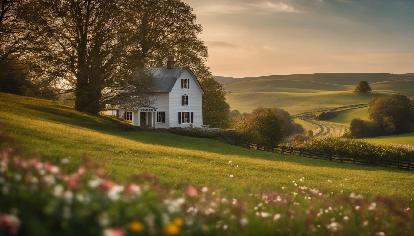 A picturesque countryside scene with rolling green hills, blooming wildflowers, and a charming farmhouse adorned with festive holiday decorations.