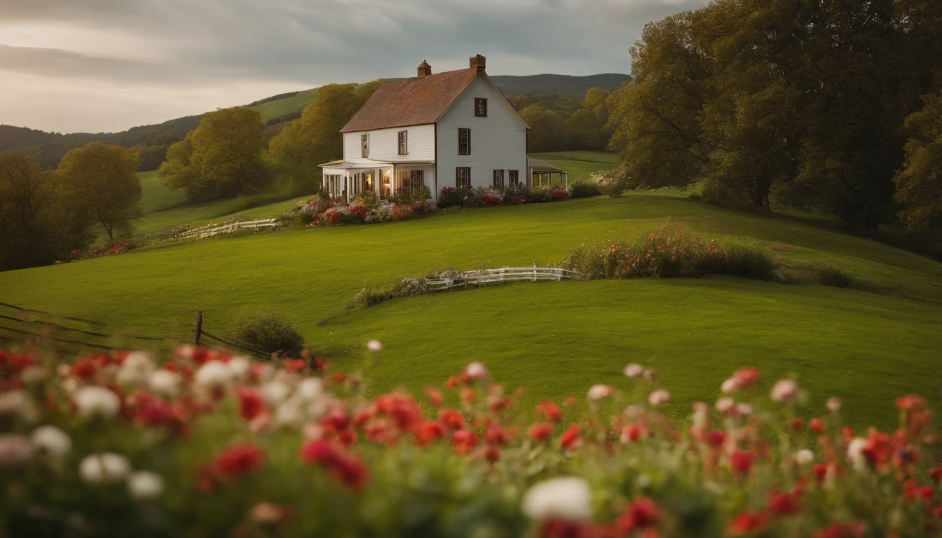 A picturesque countryside scene with rolling green hills, blooming wildflowers, and a charming farmhouse adorned with festive holiday decorations.